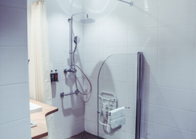 Salle de bain moderne et accessible, avec une douche à l'italienne. Le sol de la douche est en mosaïque sombre, bordé de grandes dalles foncées.